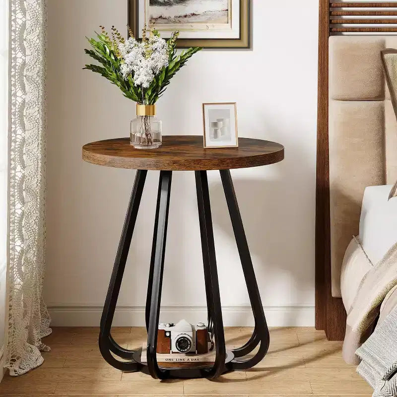 2-Tier Small Round Side Table with Metal Frame and Lower Shelf, End Table for Small Spaces, Living Room, Bedroom, Vintage Brown & Black