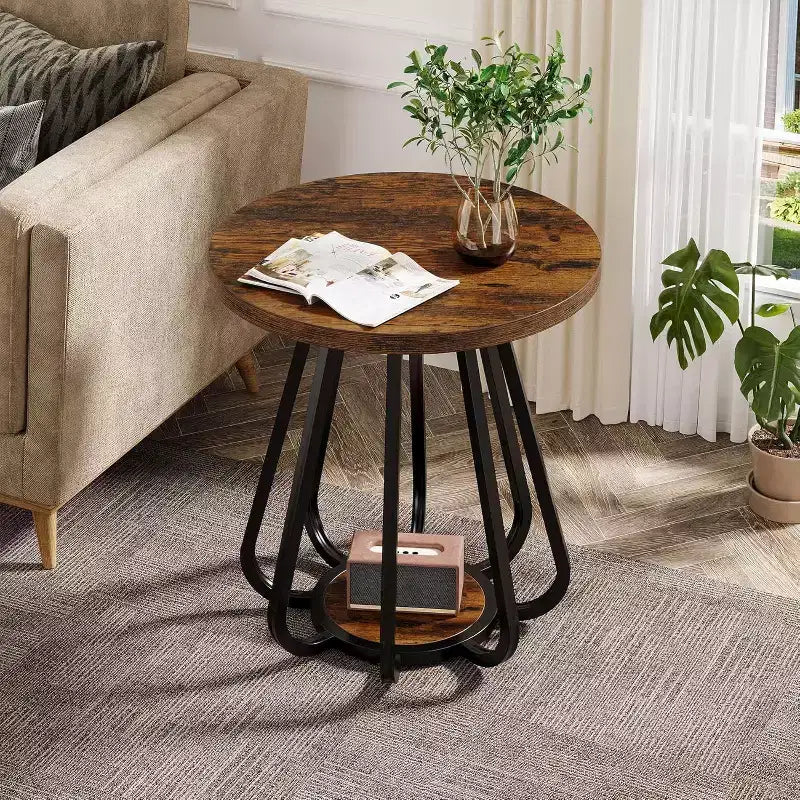 2-Tier Small Round Side Table with Metal Frame and Lower Shelf, End Table for Small Spaces, Living Room, Bedroom, Vintage Brown & Black
