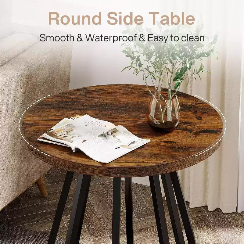 2-Tier Small Round Side Table with Metal Frame and Lower Shelf, End Table for Small Spaces, Living Room, Bedroom, Vintage Brown & Black