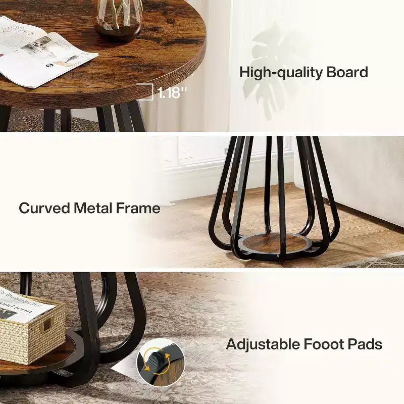 2-Tier Small Round Side Table with Metal Frame and Lower Shelf, End Table for Small Spaces, Living Room, Bedroom, Vintage Brown & Black
