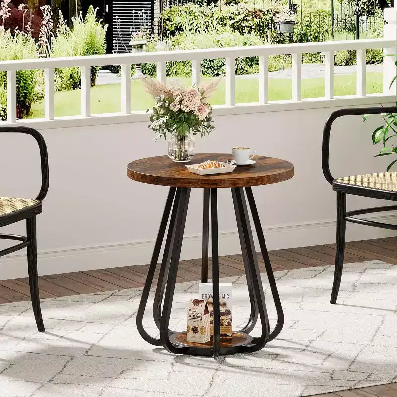 2-Tier Small Round Side Table with Metal Frame and Lower Shelf, End Table for Small Spaces, Living Room, Bedroom, Vintage Brown & Black