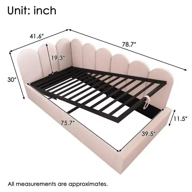 Twin Upholstered Platform Daybed with Hydraulic Storage & Metal Slatted Frame, Modern Single Bed for Bedroom, Kids Room