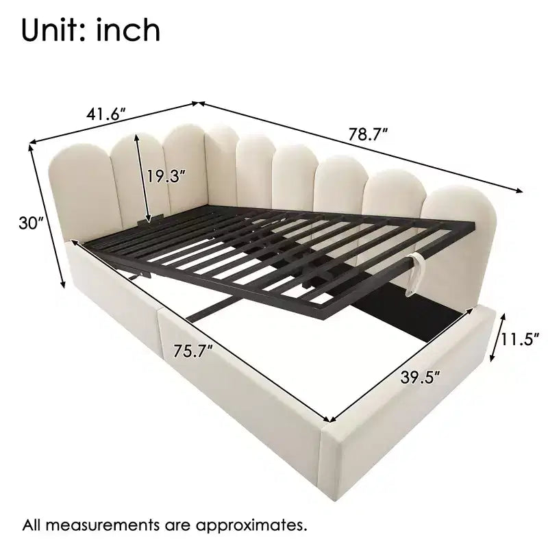 Twin Upholstered Platform Daybed with Hydraulic Storage & Metal Slatted Frame, Modern Single Bed for Bedroom, Kids Room