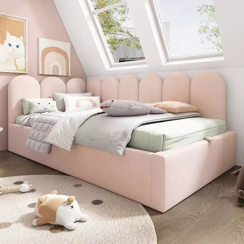 Twin Upholstered Platform Daybed with Hydraulic Storage & Metal Slatted Frame, Modern Single Bed for Bedroom, Kids Room