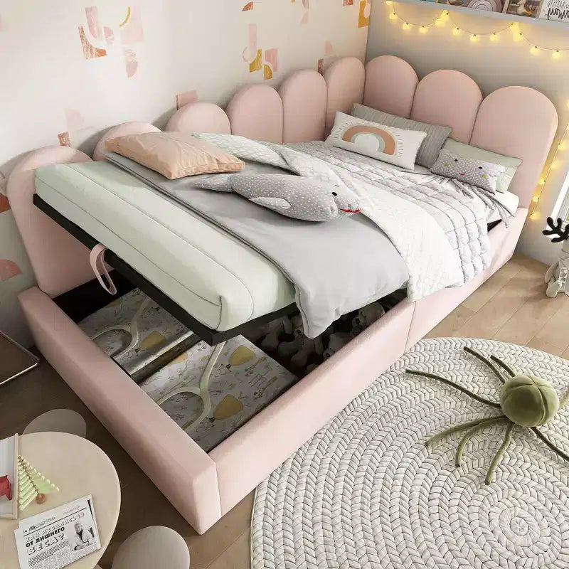 Twin Upholstered Platform Daybed with Hydraulic Storage & Metal Slatted Frame, Modern Single Bed for Bedroom, Kids Room