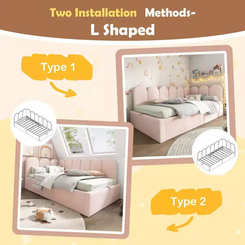 Twin Upholstered Platform Daybed with Hydraulic Storage & Metal Slatted Frame, Modern Single Bed for Bedroom, Kids Room
