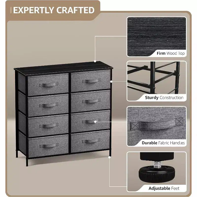 8-Drawer Dresser Storage Unit with Steel Frame, Wood Top, Fabric Bins - for Bedroom, Closet, Office and More