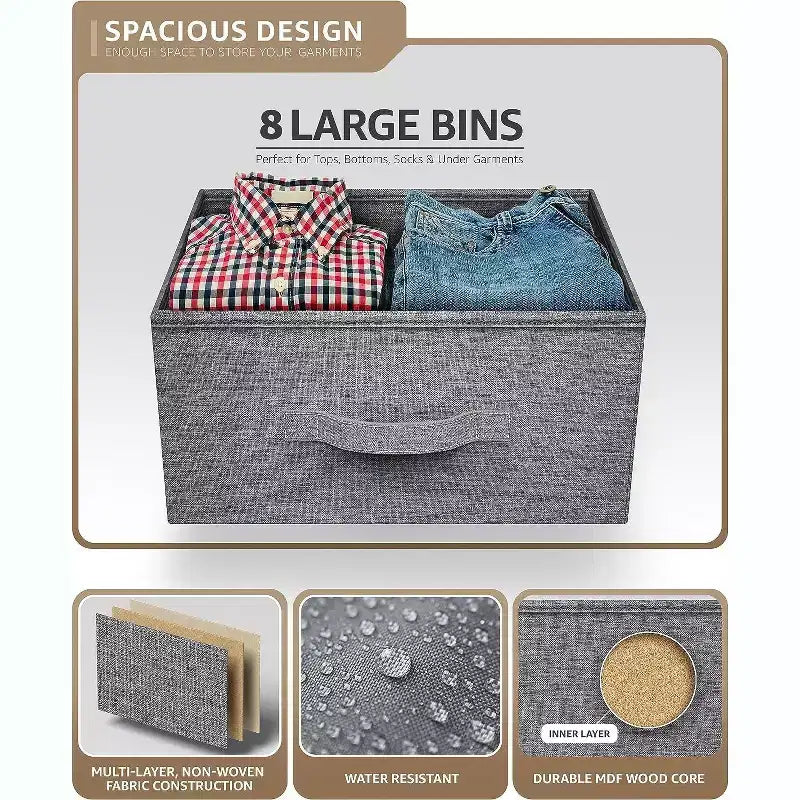8-Drawer Dresser Storage Unit with Steel Frame, Wood Top, Fabric Bins - for Bedroom, Closet, Office and More