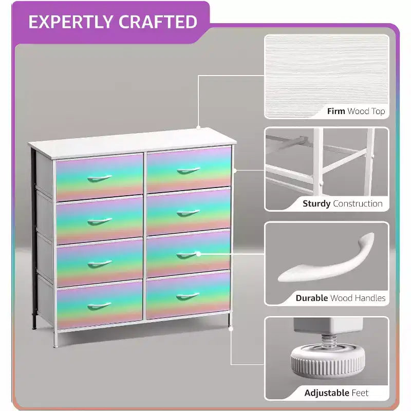 8-Drawer Dresser Storage Unit with Steel Frame, Wood Top, Fabric Bins - for Bedroom, Closet, Office and More