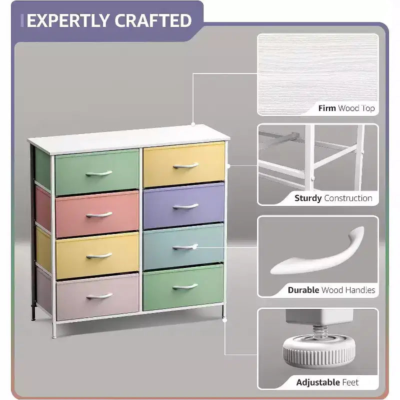 8-Drawer Dresser Storage Unit with Steel Frame, Wood Top, Fabric Bins - for Bedroom, Closet, Office and More