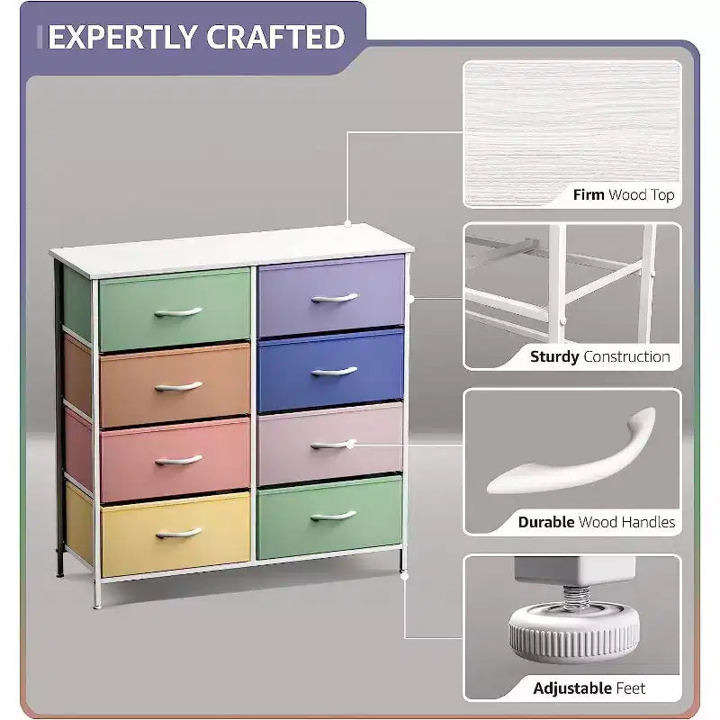8-Drawer Dresser Storage Unit with Steel Frame, Wood Top, Fabric Bins - for Bedroom, Closet, Office and More