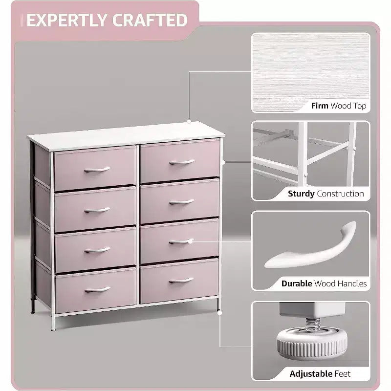 8-Drawer Dresser Storage Unit with Steel Frame, Wood Top, Fabric Bins - for Bedroom, Closet, Office and More