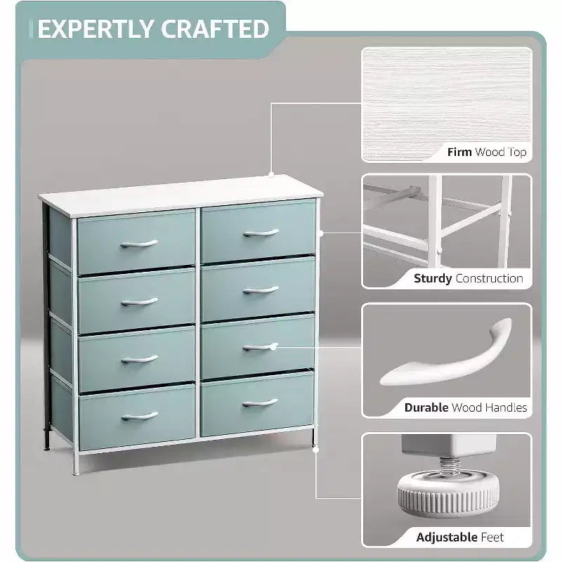 8-Drawer Dresser Storage Unit with Steel Frame, Wood Top, Fabric Bins - for Bedroom, Closet, Office and More