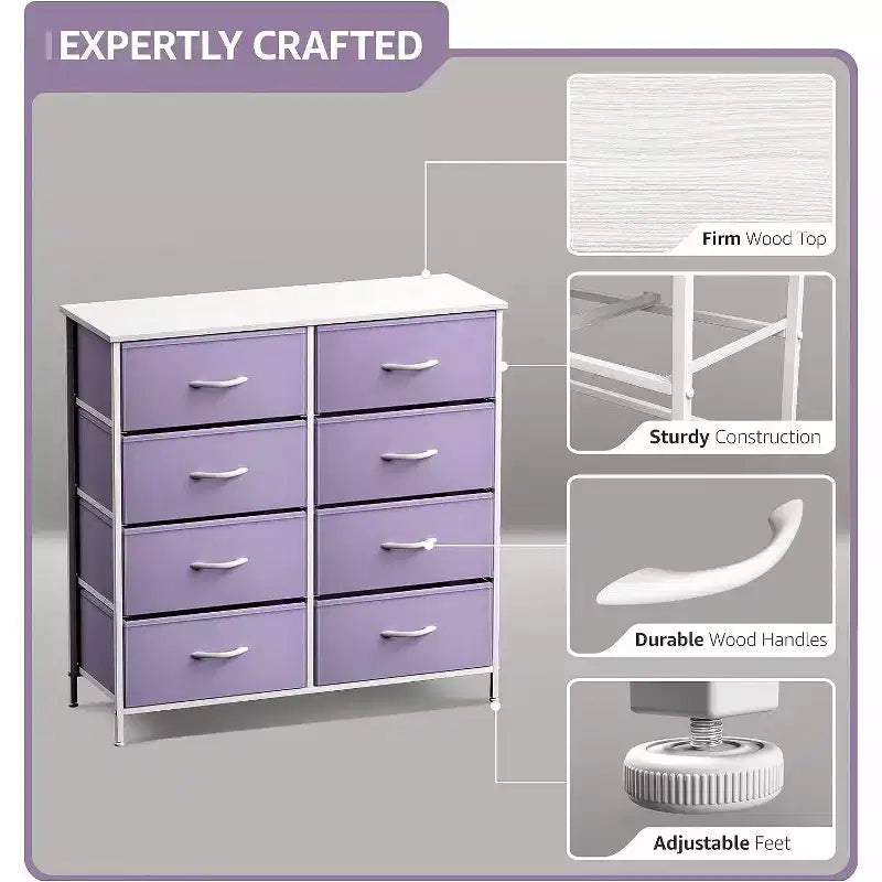 8-Drawer Dresser Storage Unit with Steel Frame, Wood Top, Fabric Bins - for Bedroom, Closet, Office and More