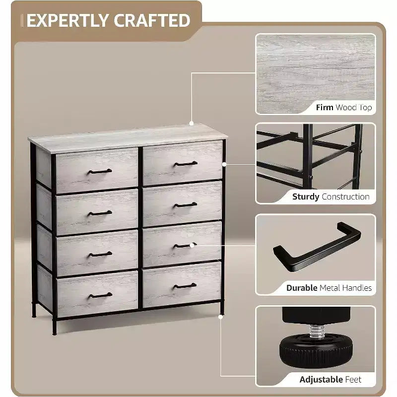 8-Drawer Dresser Storage Unit with Steel Frame, Wood Top, Fabric Bins - for Bedroom, Closet, Office and More