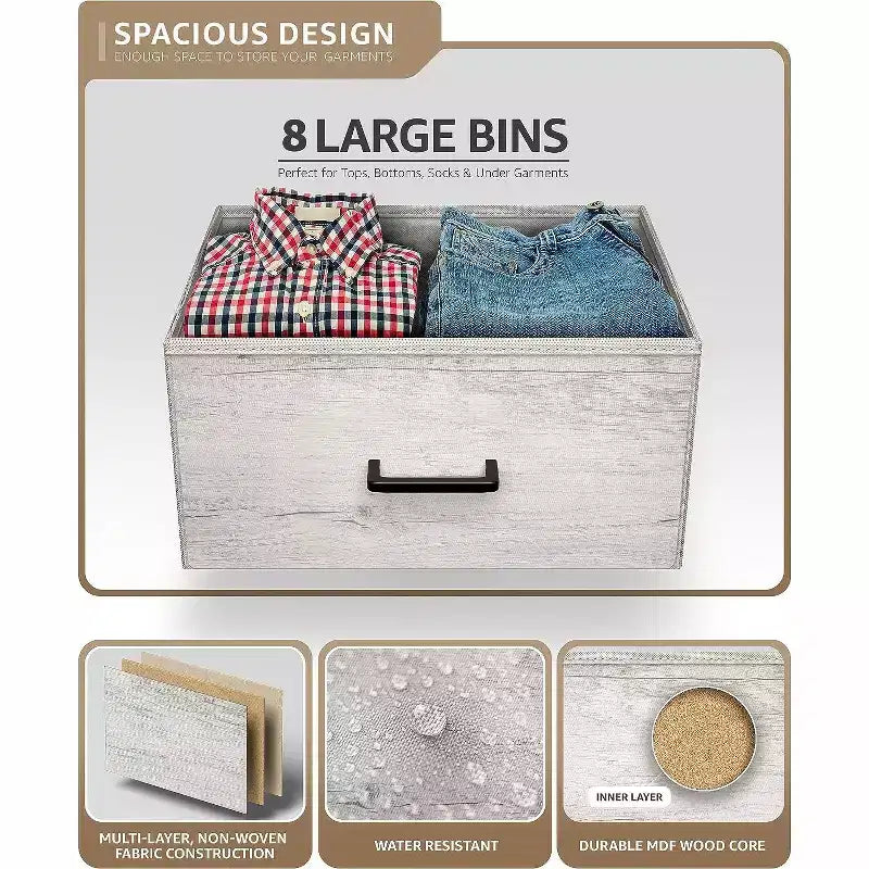 8-Drawer Dresser Storage Unit with Steel Frame, Wood Top, Fabric Bins - for Bedroom, Closet, Office and More