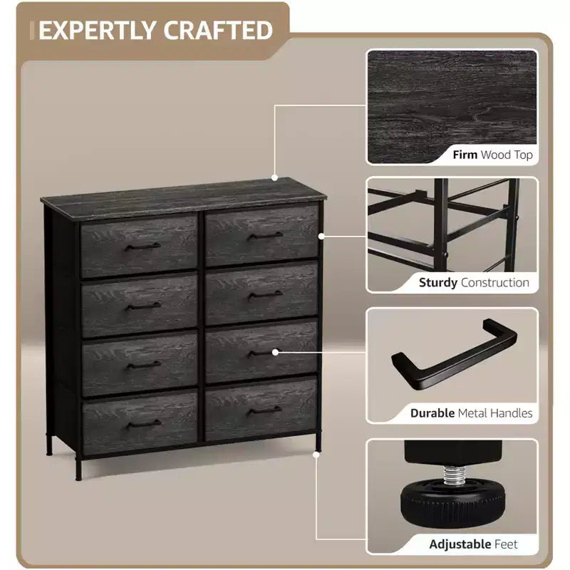 8-Drawer Dresser Storage Unit with Steel Frame, Wood Top, Fabric Bins - for Bedroom, Closet, Office and More