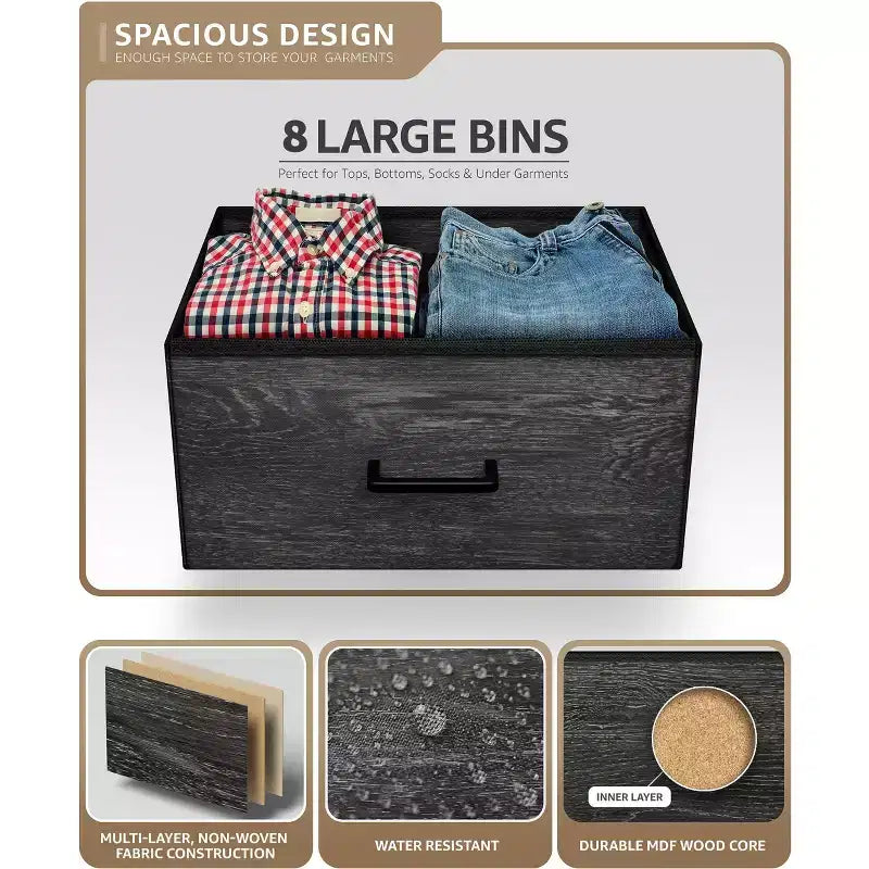 8-Drawer Dresser Storage Unit with Steel Frame, Wood Top, Fabric Bins - for Bedroom, Closet, Office and More