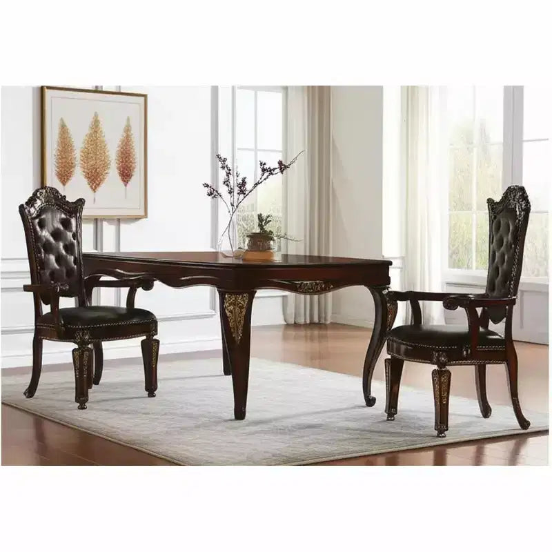Set of Two Tufted Brown and Redwood Upholstered Faux Leather And Solid Wood Dining Arm Chairs