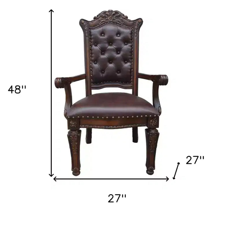 Set of Two Tufted Brown and Redwood Upholstered Faux Leather And Solid Wood Dining Arm Chairs