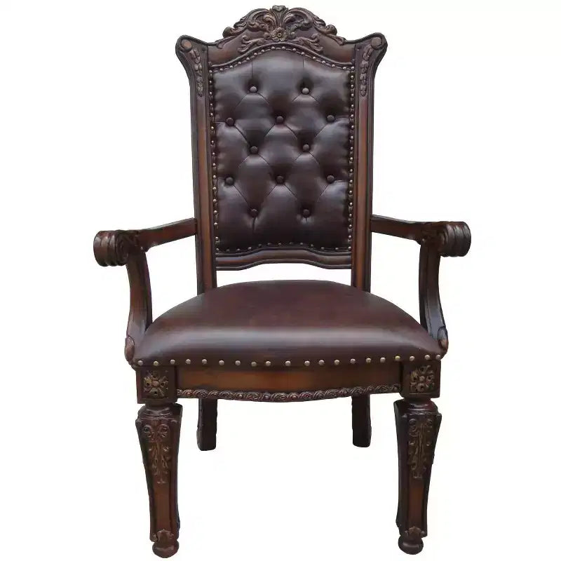 Set of Two Tufted Brown and Redwood Upholstered Faux Leather And Solid Wood Dining Arm Chairs