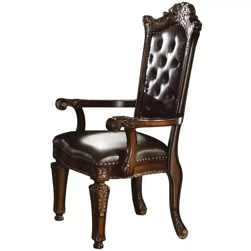 Set of Two Tufted Brown and Redwood Upholstered Faux Leather And Solid Wood Dining Arm Chairs