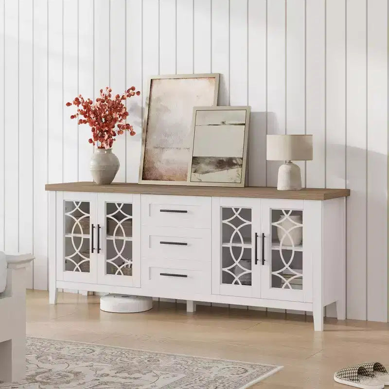 Farmhouse TV Stand for 70" TV, with Glass Door, 2 Storage Doors and 3 Drawers, Console Table with Shelves for Bedroom, Living Room