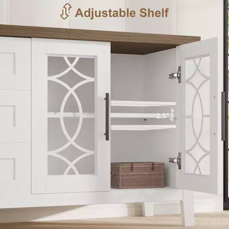 Farmhouse TV Stand for 70" TV, with Glass Door, 2 Storage Doors and 3 Drawers, Console Table with Shelves for Bedroom, Living Room