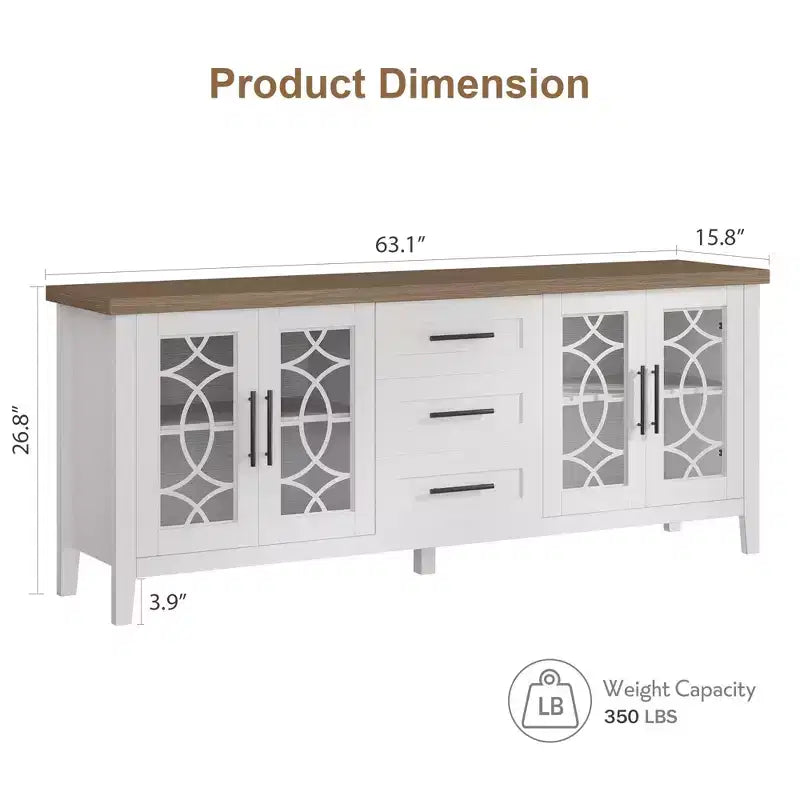 Farmhouse TV Stand for 70" TV, with Glass Door, 2 Storage Doors and 3 Drawers, Console Table with Shelves for Bedroom, Living Room
