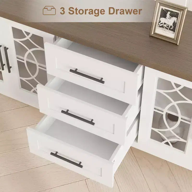 Farmhouse TV Stand for 70" TV, with Glass Door, 2 Storage Doors and 3 Drawers, Console Table with Shelves for Bedroom, Living Room