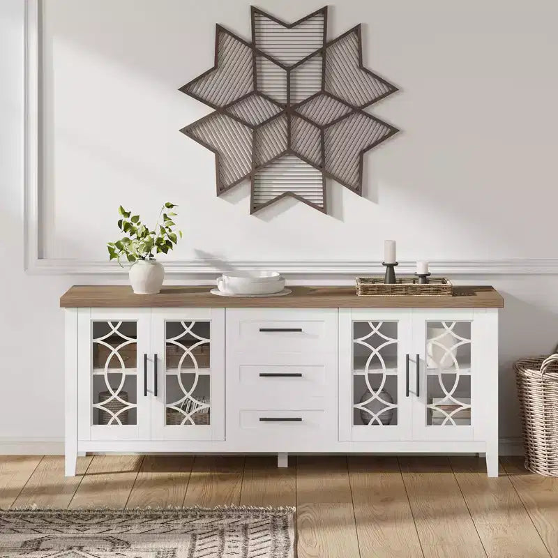 Farmhouse TV Stand for 70" TV, with Glass Door, 2 Storage Doors and 3 Drawers, Console Table with Shelves for Bedroom, Living Room