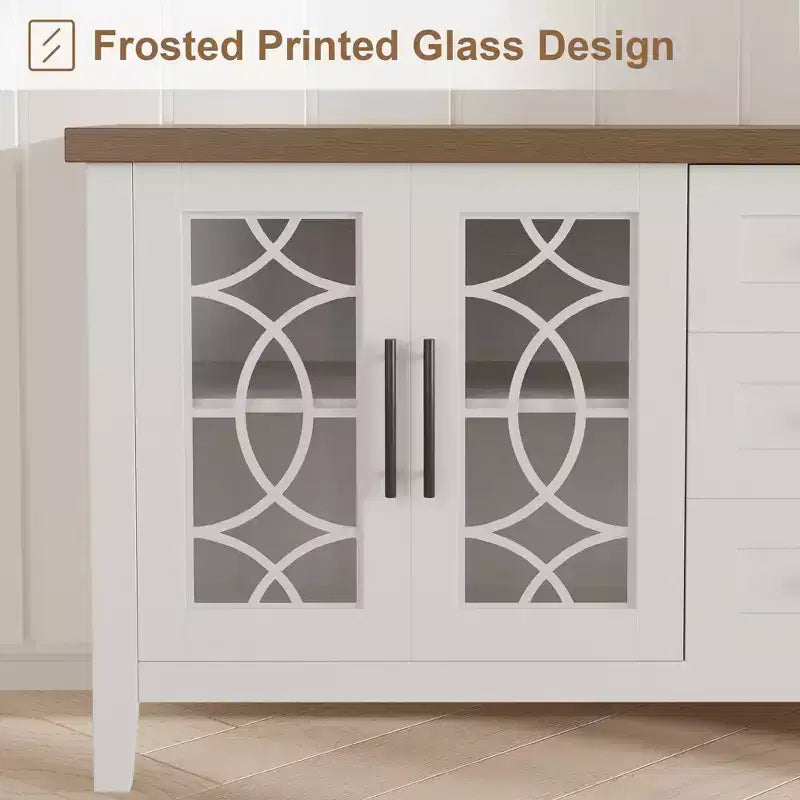 Farmhouse TV Stand for 70" TV, with Glass Door, 2 Storage Doors and 3 Drawers, Console Table with Shelves for Bedroom, Living Room