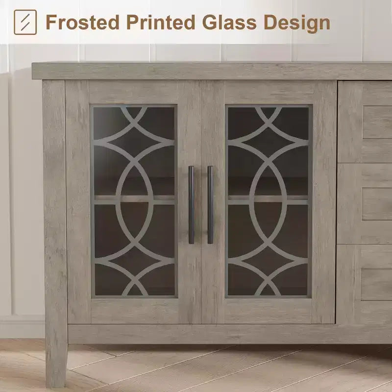 Farmhouse TV Stand for 70" TV, with Glass Door, 2 Storage Doors and 3 Drawers, Console Table with Shelves for Bedroom, Living Room