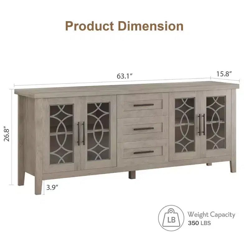 Farmhouse TV Stand for 70" TV, with Glass Door, 2 Storage Doors and 3 Drawers, Console Table with Shelves for Bedroom, Living Room