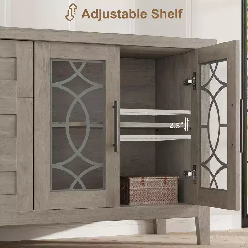 Farmhouse TV Stand for 70" TV, with Glass Door, 2 Storage Doors and 3 Drawers, Console Table with Shelves for Bedroom, Living Room