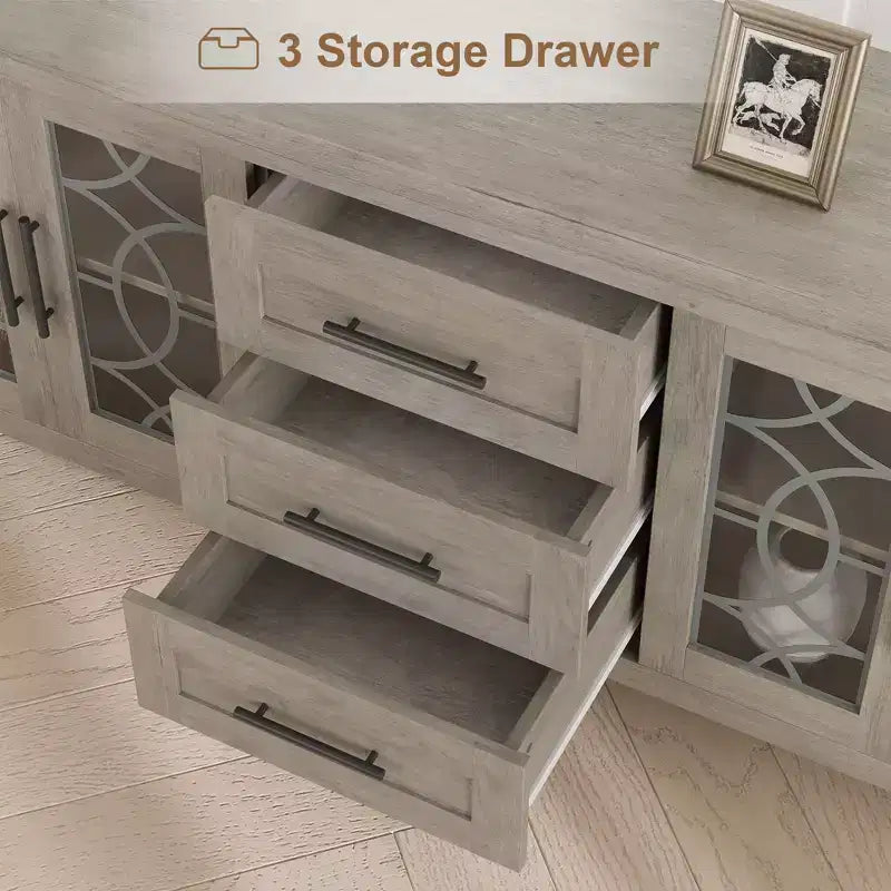 Farmhouse TV Stand for 70" TV, with Glass Door, 2 Storage Doors and 3 Drawers, Console Table with Shelves for Bedroom, Living Room