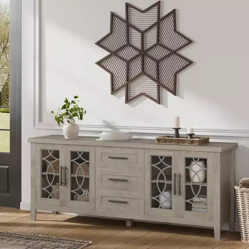 Farmhouse TV Stand for 70" TV, with Glass Door, 2 Storage Doors and 3 Drawers, Console Table with Shelves for Bedroom, Living Room