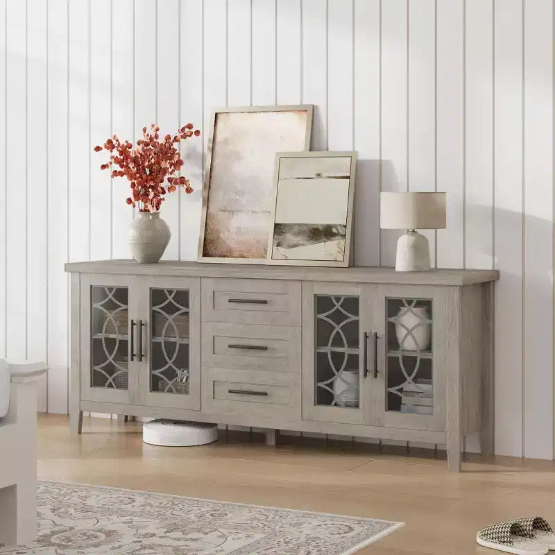Farmhouse TV Stand for 70" TV, with Glass Door, 2 Storage Doors and 3 Drawers, Console Table with Shelves for Bedroom, Living Room