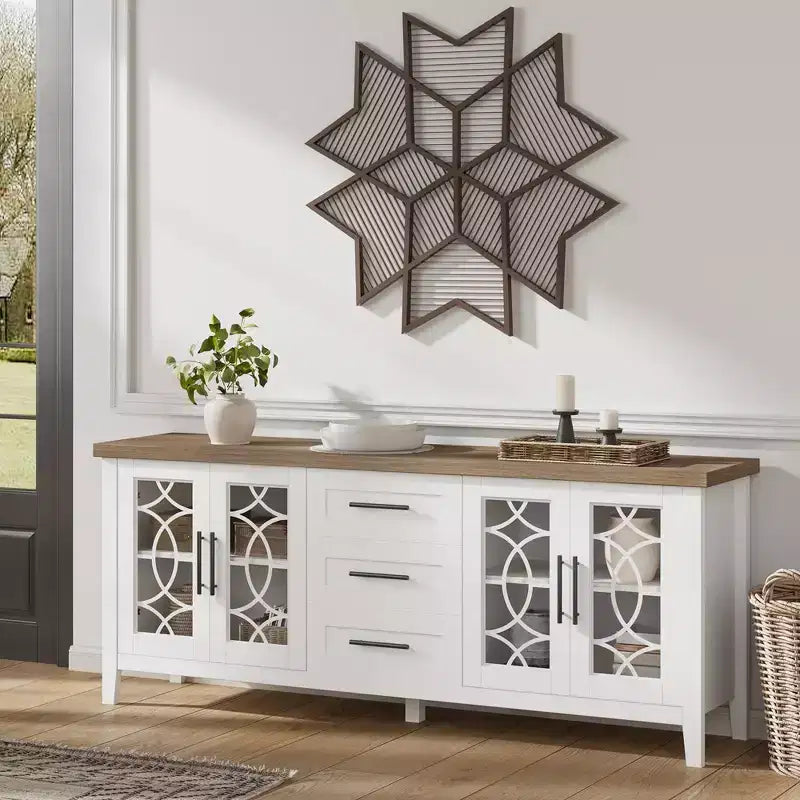 Farmhouse TV Stand for 70" TV, with Glass Door, 2 Storage Doors and 3 Drawers, Console Table with Shelves for Bedroom, Living Room