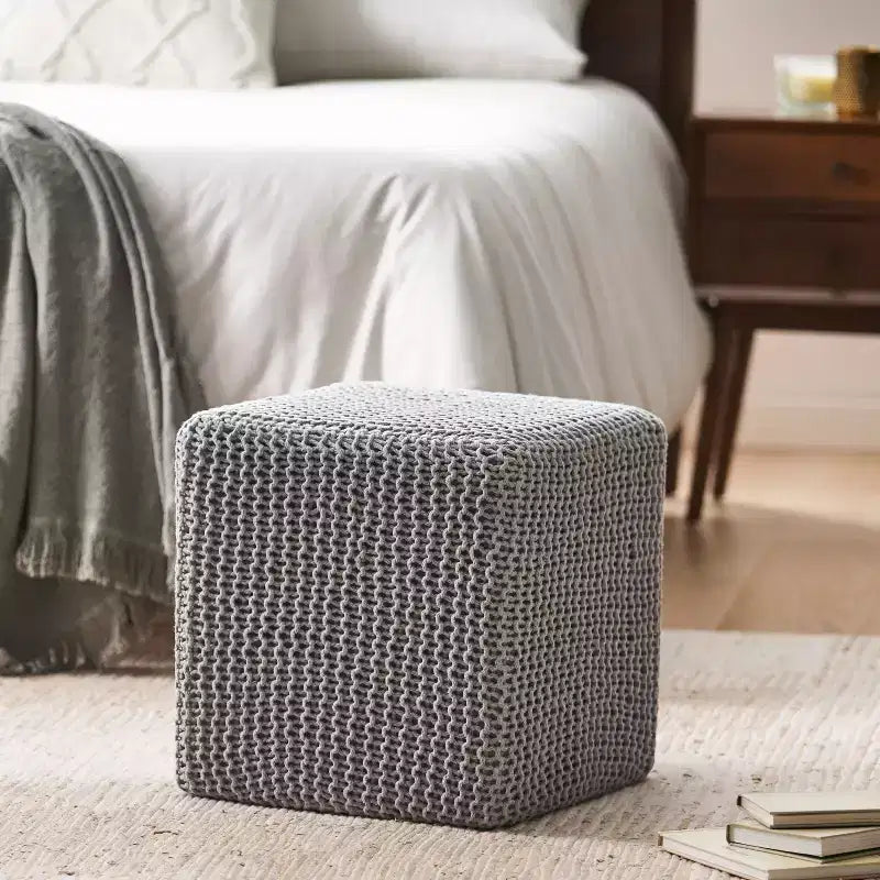 Knitted Footstool, Square Upholstered Footstool, Small furniture, Suitable For Living Room and Bedroom, No Assembly Required.