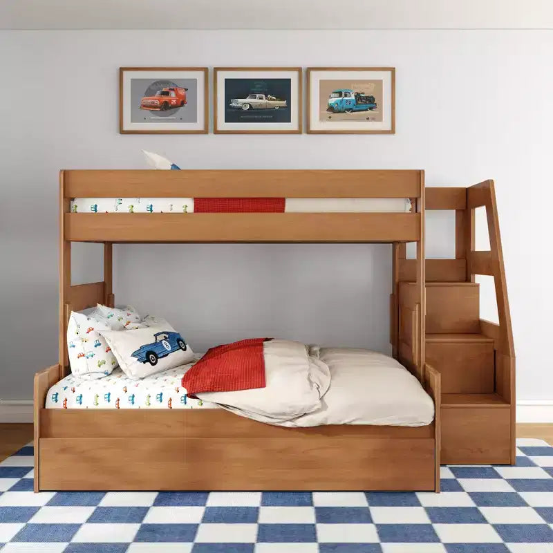 Modern Farmhouse Twin Over Full Bunk Bed With Staircase and Trundle