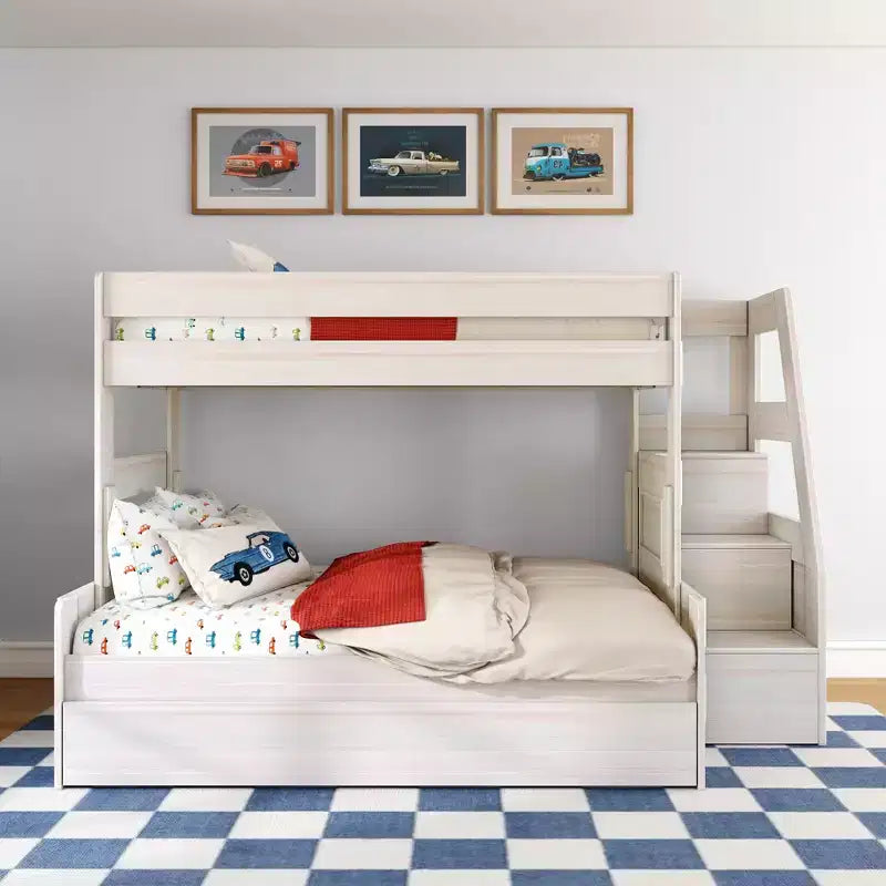 Modern Farmhouse Twin Over Full Bunk Bed With Staircase and Trundle