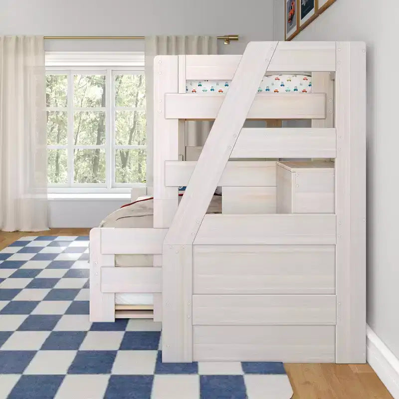 Modern Farmhouse Twin Over Full Bunk Bed With Staircase and Trundle