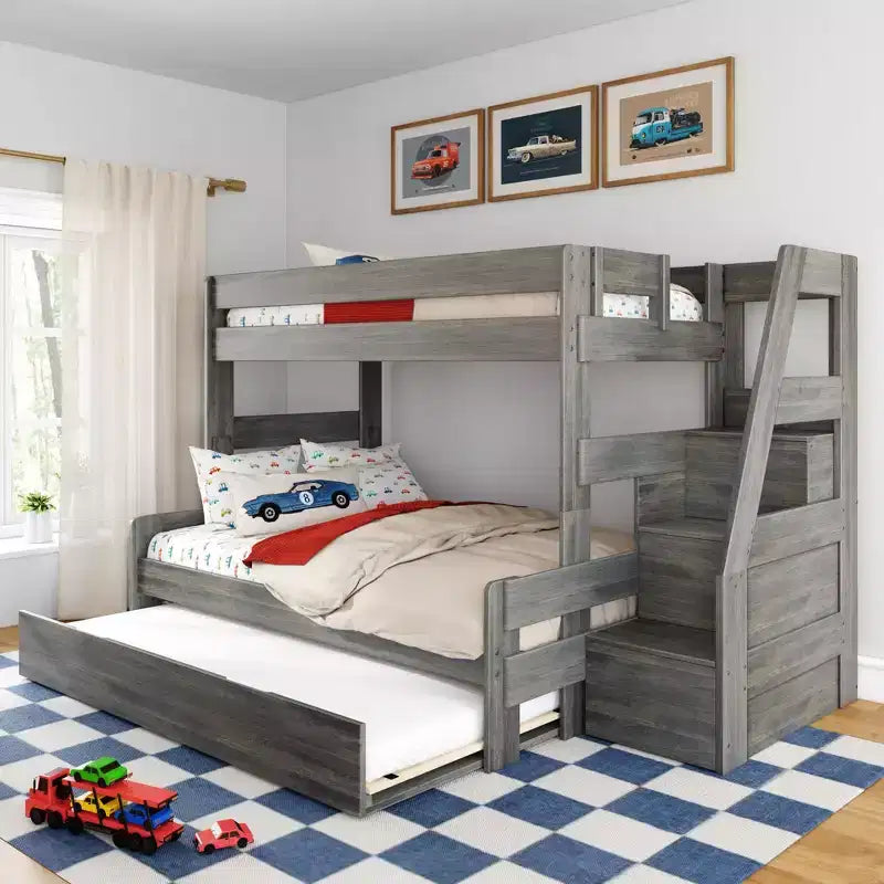 Modern Farmhouse Twin Over Full Bunk Bed With Staircase and Trundle