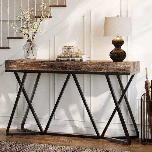 55" Console Table for Entryway, Industrial Wooden Sofa Table with Geometric Metal Base for Living Room, Hallway