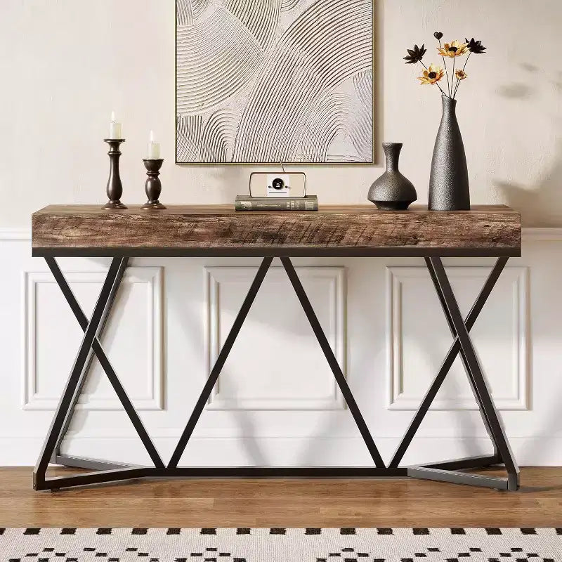 55" Console Table for Entryway, Industrial Wooden Sofa Table with Geometric Metal Base for Living Room, Hallway