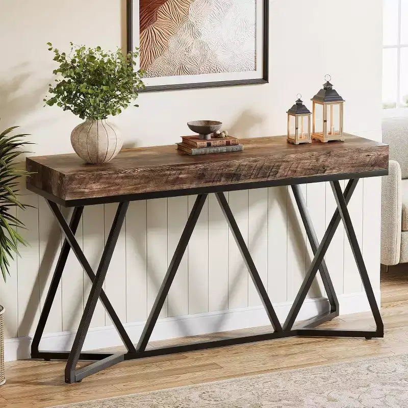 55" Console Table for Entryway, Industrial Wooden Sofa Table with Geometric Metal Base for Living Room, Hallway