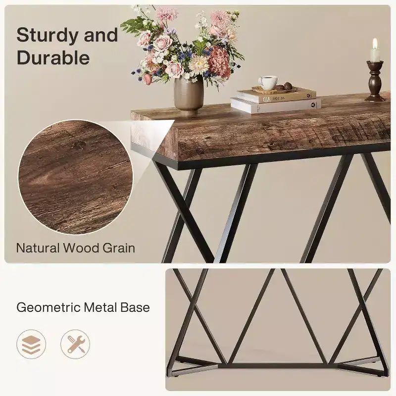 55" Console Table for Entryway, Industrial Wooden Sofa Table with Geometric Metal Base for Living Room, Hallway