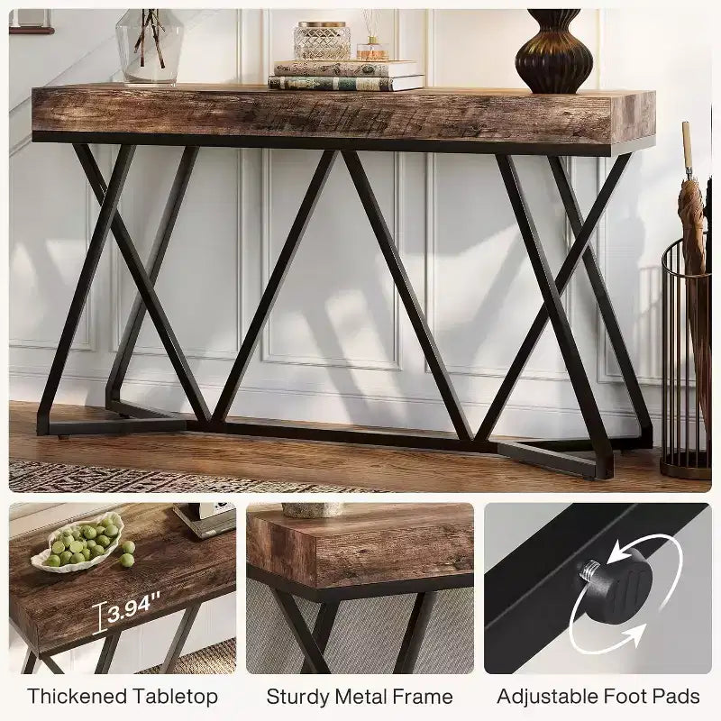 55" Console Table for Entryway, Industrial Wooden Sofa Table with Geometric Metal Base for Living Room, Hallway