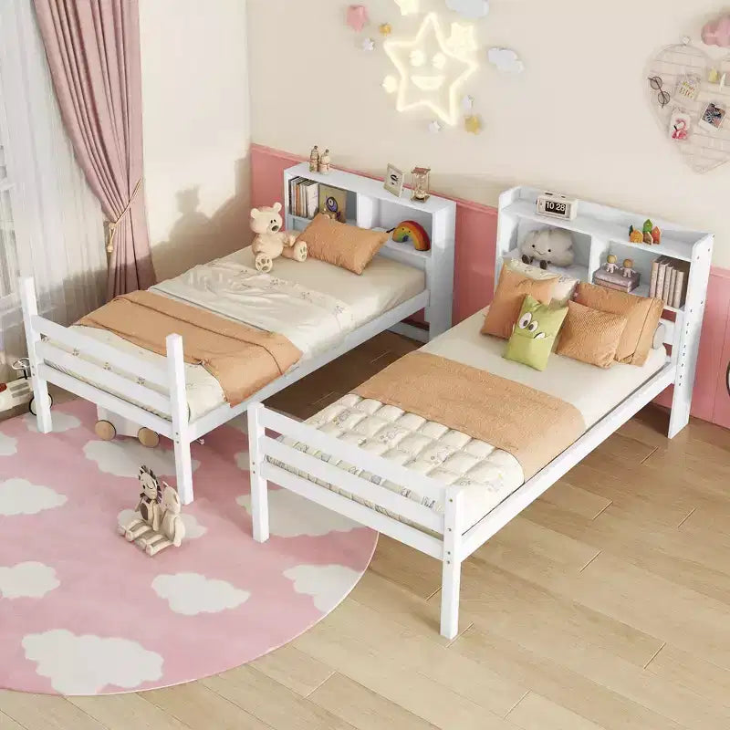 Twin Bunk Bed with Shelves, Headboard, Safety Guardrails and Ladder, Convertible to 2 Beds for Bedroom, White